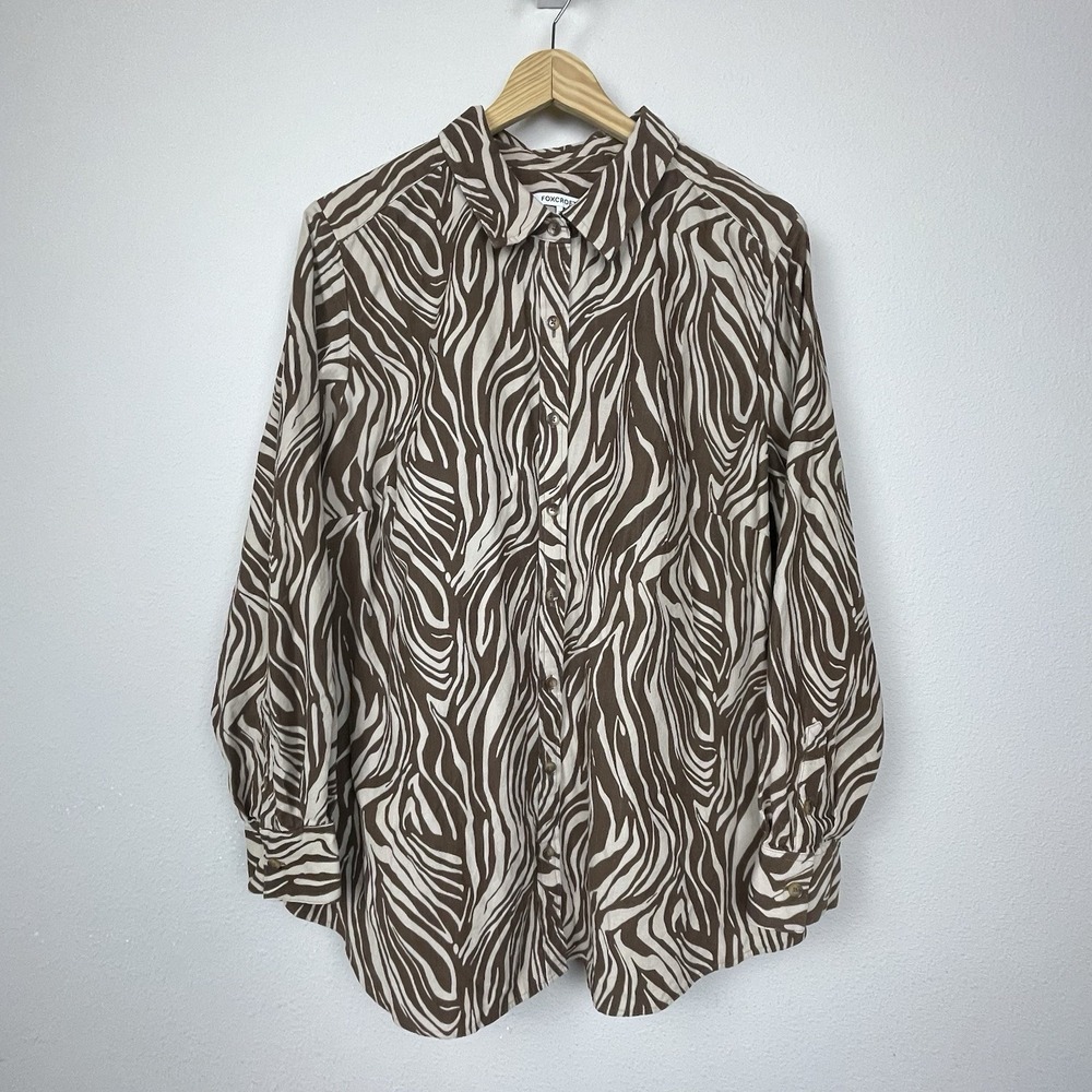 Foxcroft Corduroy Zebra Print Shirt 18W Brown Tan Soft Cotton Button Up Y2K Retr